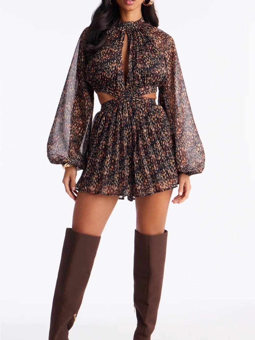 Fashion Nova Black Multi Print Long Sleeve Cutout Romper